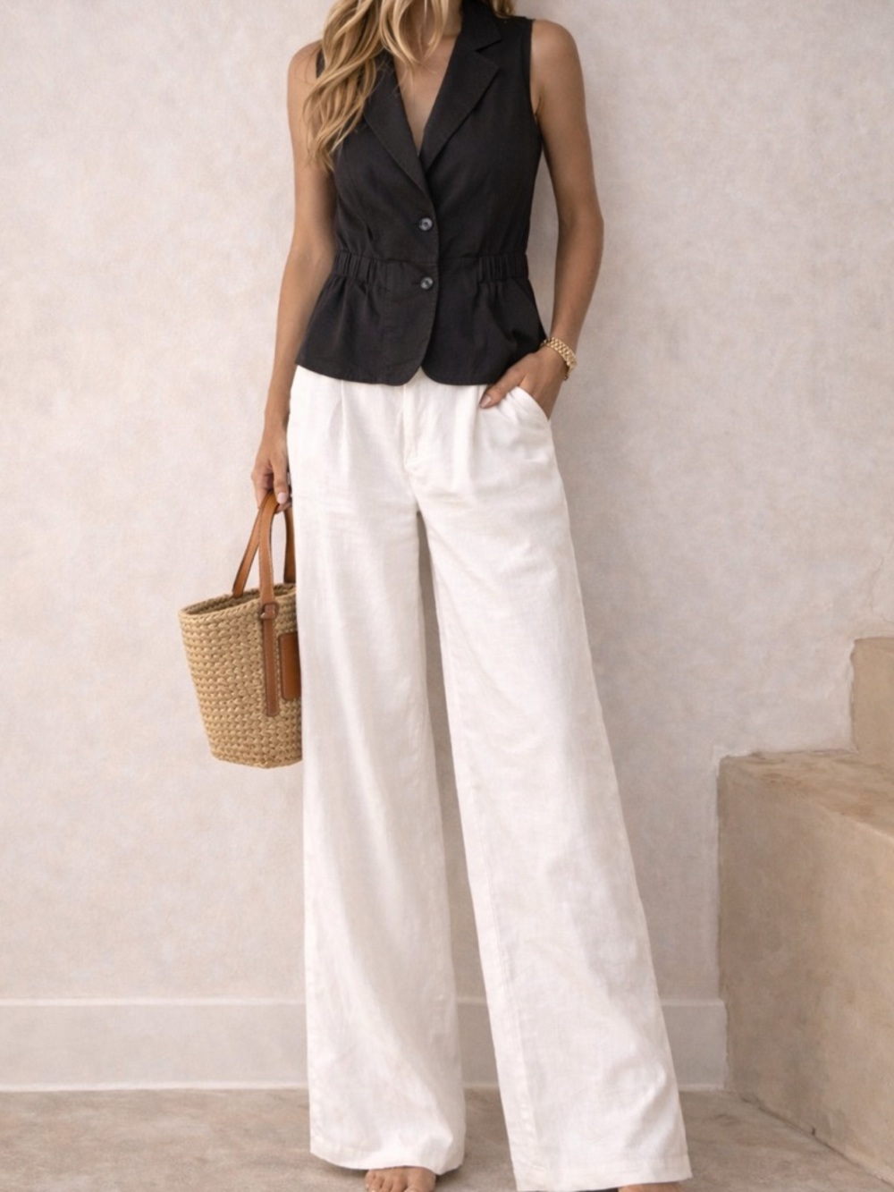 Rachel Zoe Black Linen Blend Vest Blazer Sleeveless Peplum Size L Chic